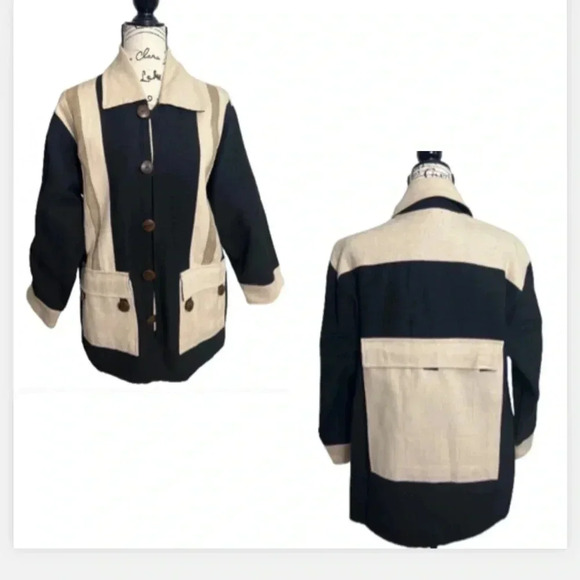VENUS IMPORTS JACKET OVERSIZED BLACK & TAN POCKETS  LONG SLEEVE SIZE MEDIUM - Picture 1 of 16